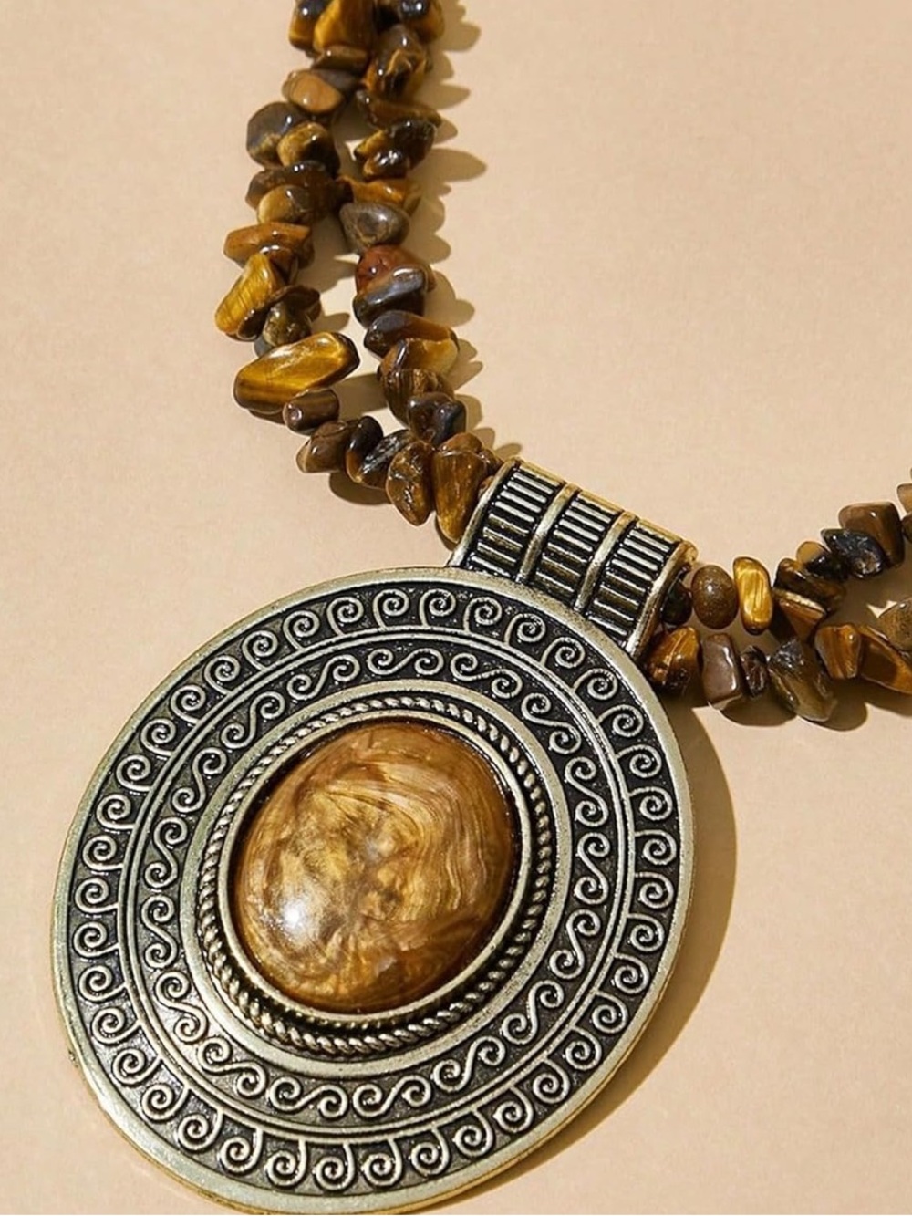 Anthropologie Brown Tiger Eye Disc Pendant Necklace - Picture 6 of 9